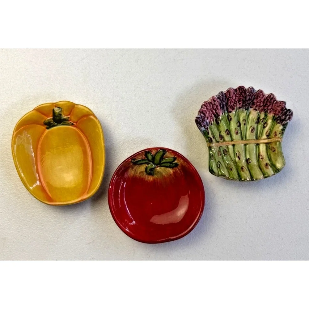 3 Pier 1 Hand Painted Veggie Plates Ironstone Tomato Pumpkin Asparagus Set Serve